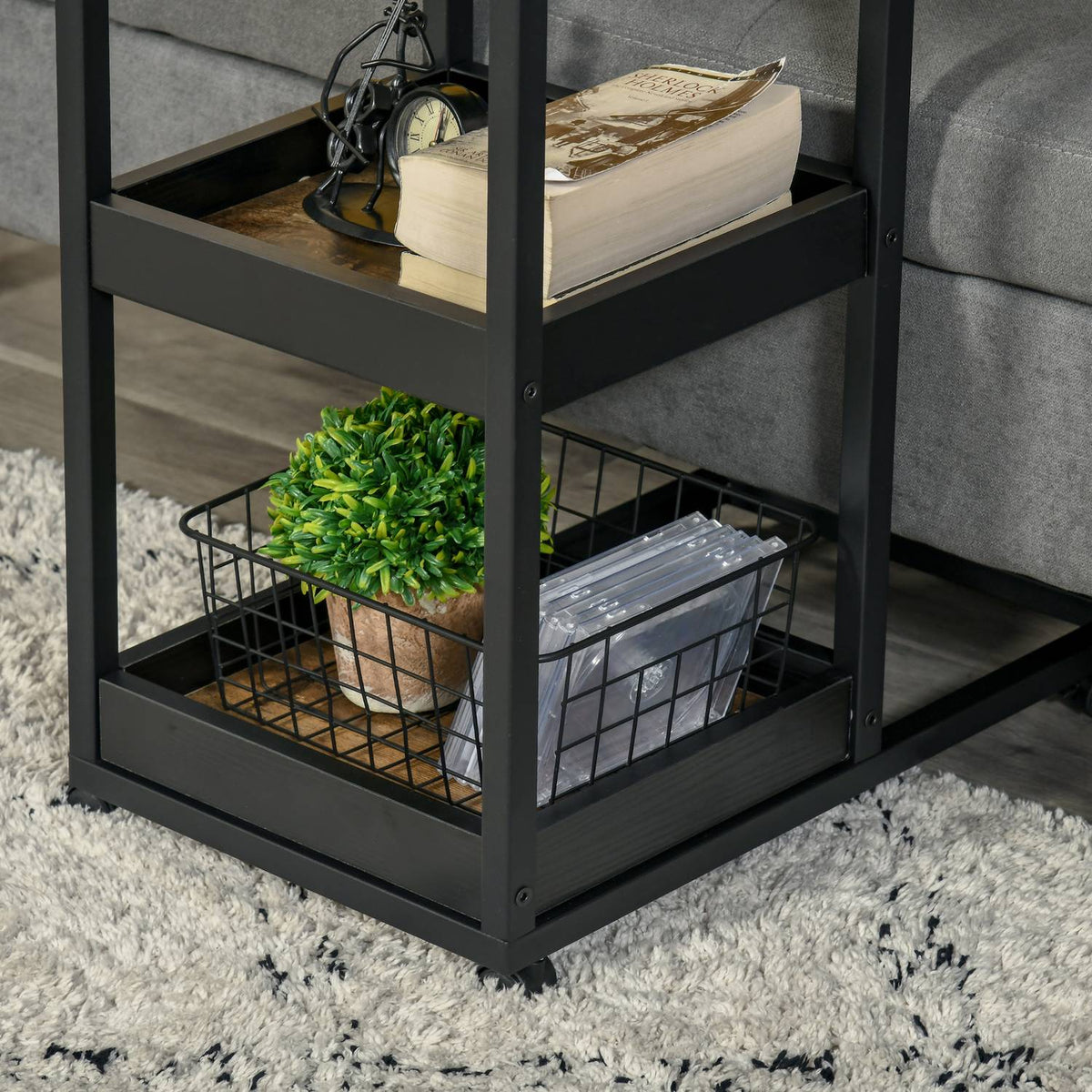 Side Table Coffee Table with Wheels Shelf Industrial Style Coffee Table for Living Room Bedroom Dark Brown 51 x 33 x 66 cm