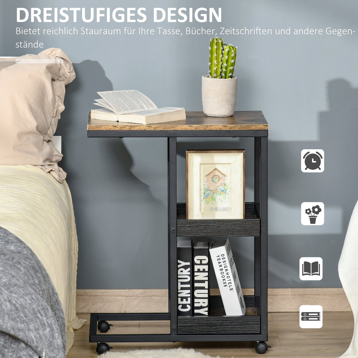 Side Table Coffee Table with Wheels Shelf Industrial Style Coffee Table for Living Room Bedroom Dark Brown 51 x 33 x 66 cm