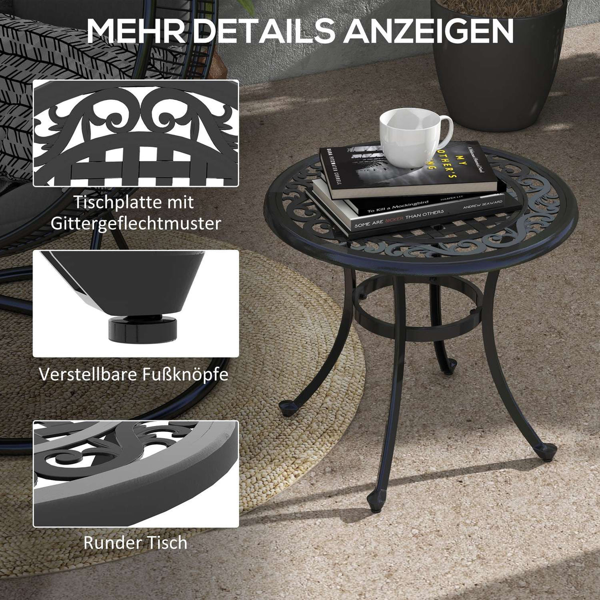 Side Table, Garden Table, Patio Table With Aluminum Frame, Coffee Table Can Hold Up To 50 Kg For Garden, Balcony, Black, 60 X 60 X 53 Cm