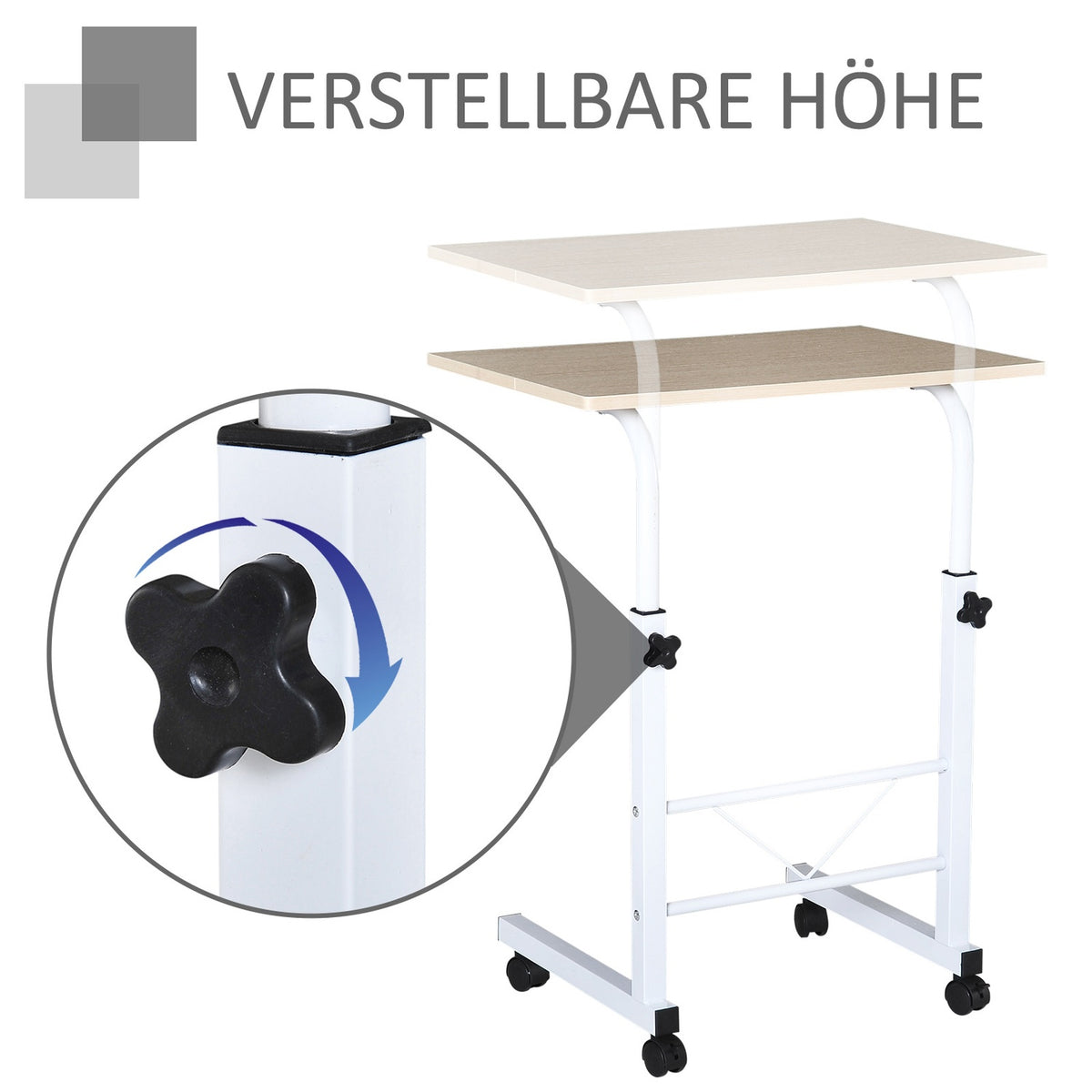 Side Table Height Adjustable Coffee Table Mobile End Desk Wheels Brakes C-Table Chipboard Steel Multicolored