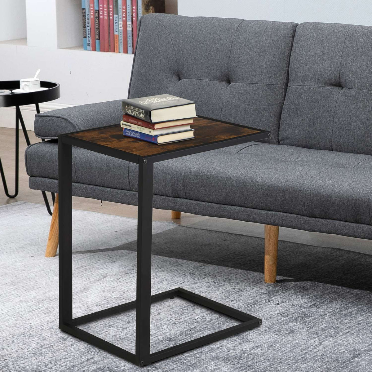 Side Table In C-Shape Coffee Table Coffee Table Standing Table Metal Mdf Rustic Brown 40.6 X 50.8 X 64.2 Cm