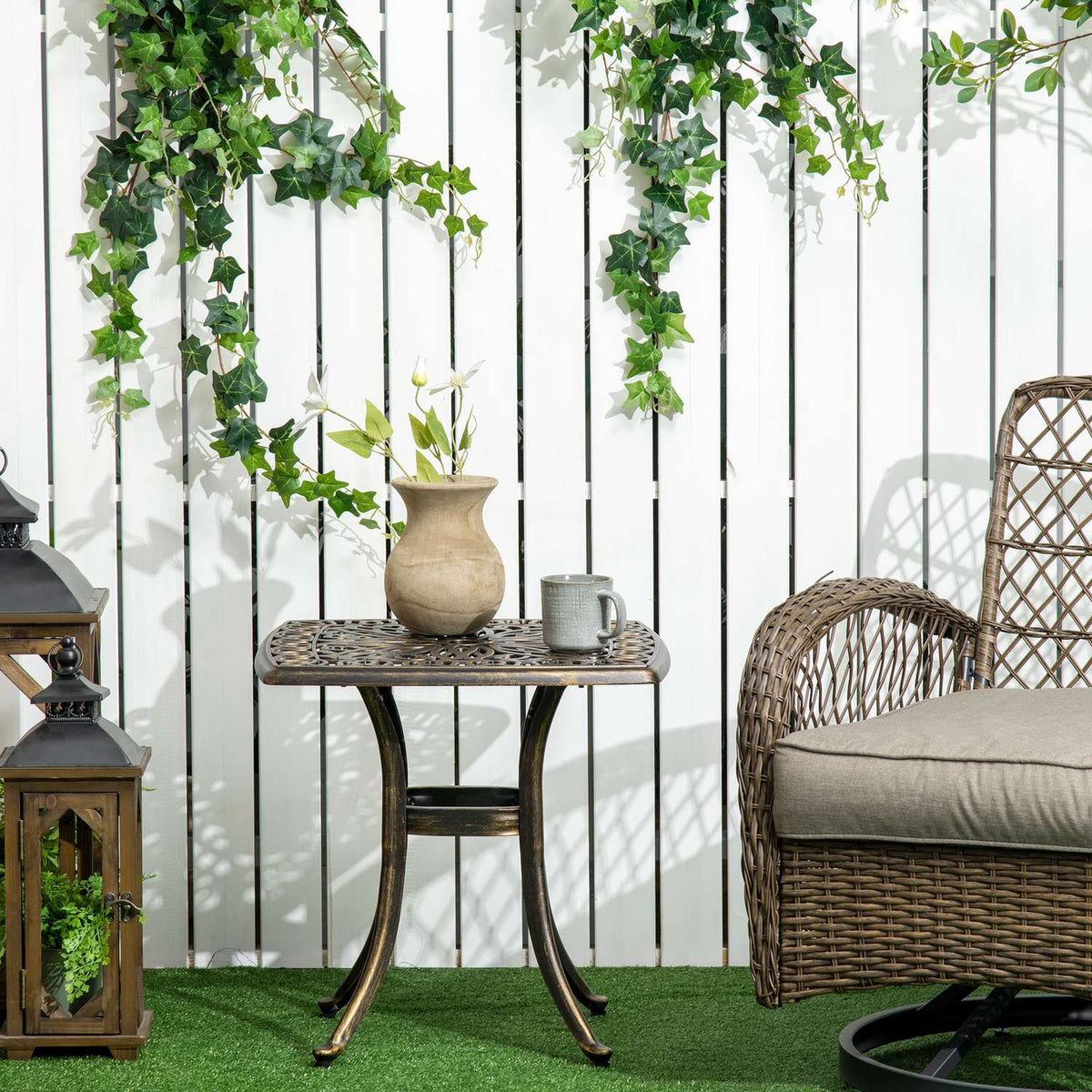 Side Table, Patio Table, Umbrella Hole, Aluminum Frame, Bronze, 54 X 54 X 52.5 Cm