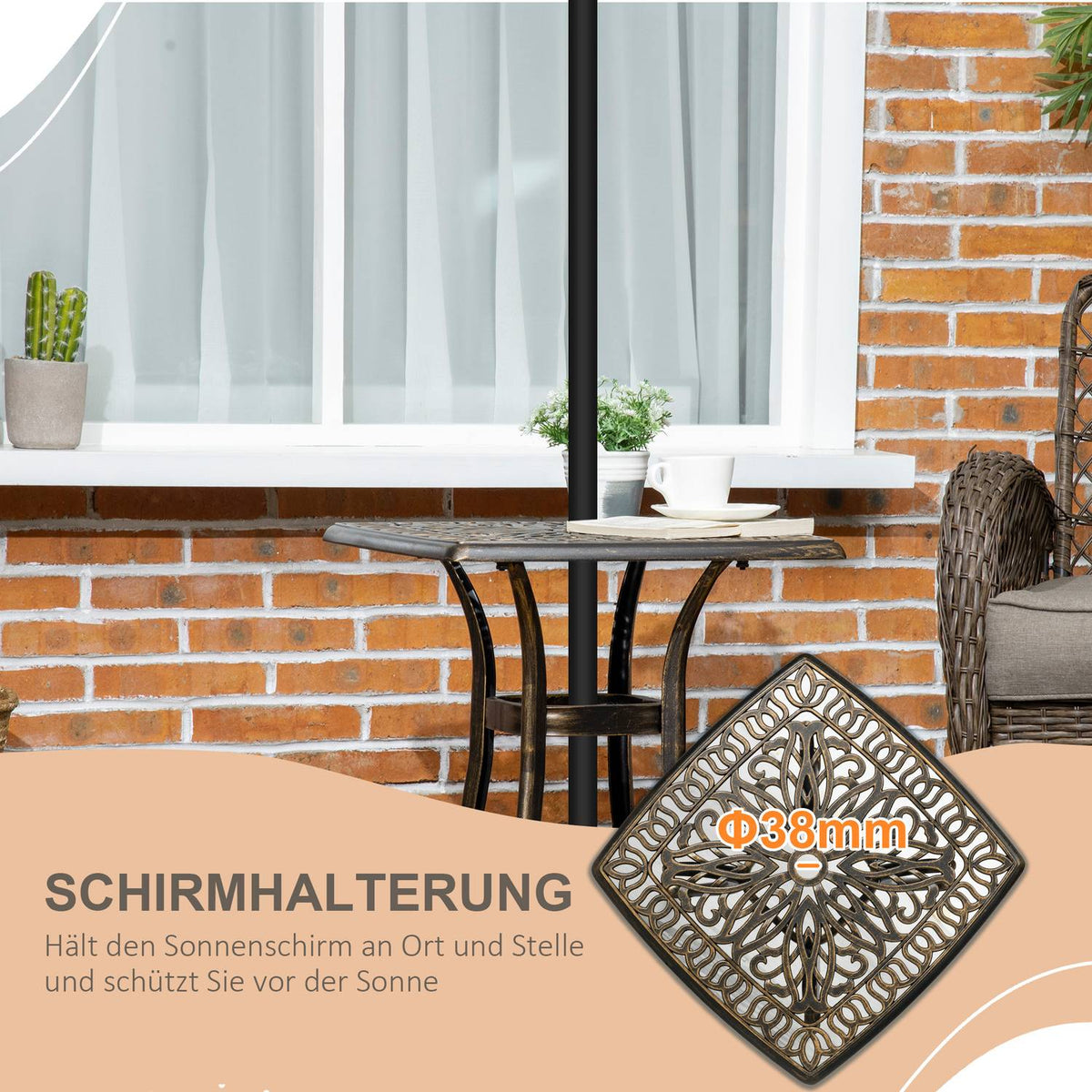 Side Table, Patio Table, Umbrella Hole, Aluminum Frame, Bronze, 54 X 54 X 52.5 Cm