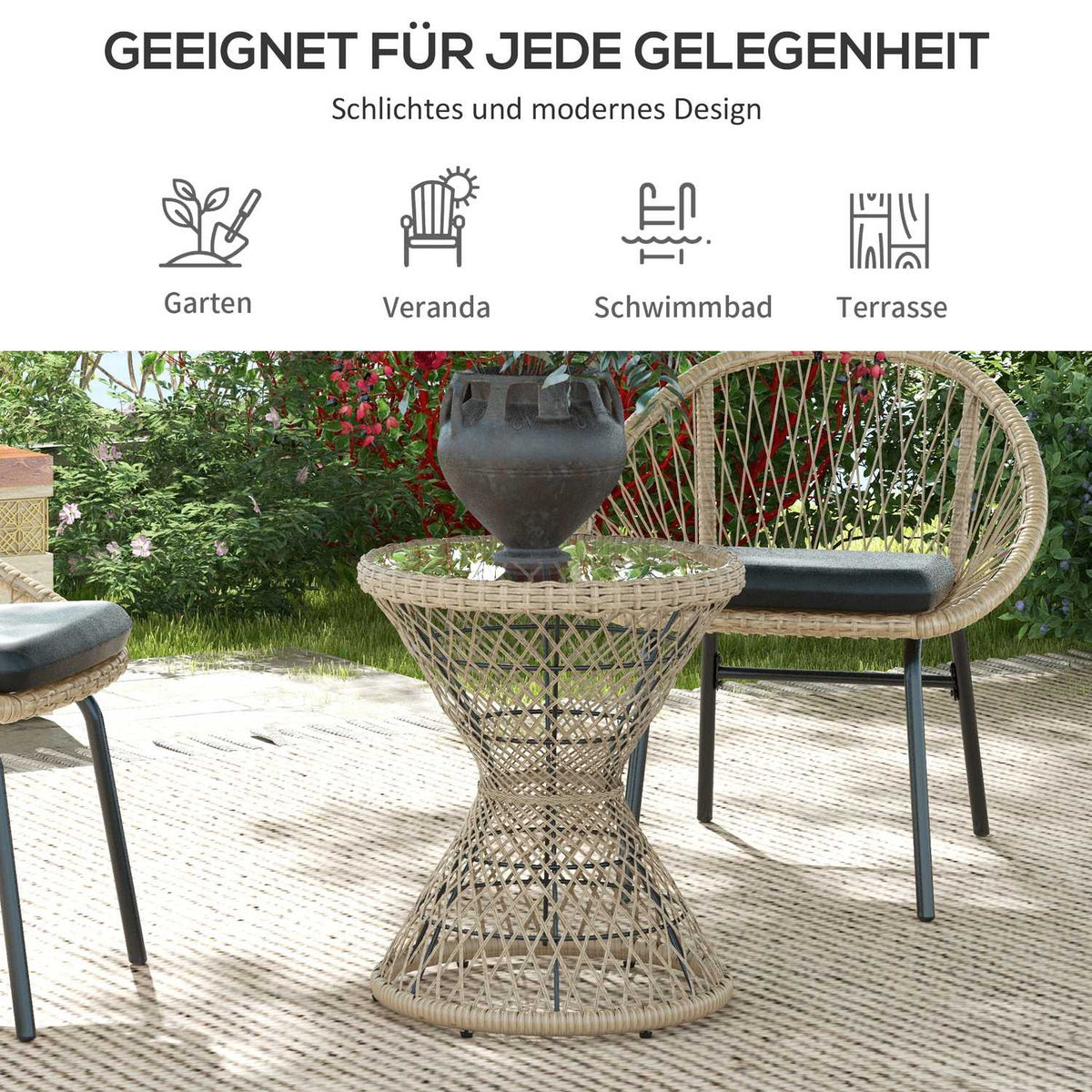 Side Table Rattan Garden Table, 45 X 45 Cm Coffee Table With Uv Protection, Balcony Table With Table Top Made Of Safety Glass, In Boho Design, Brown