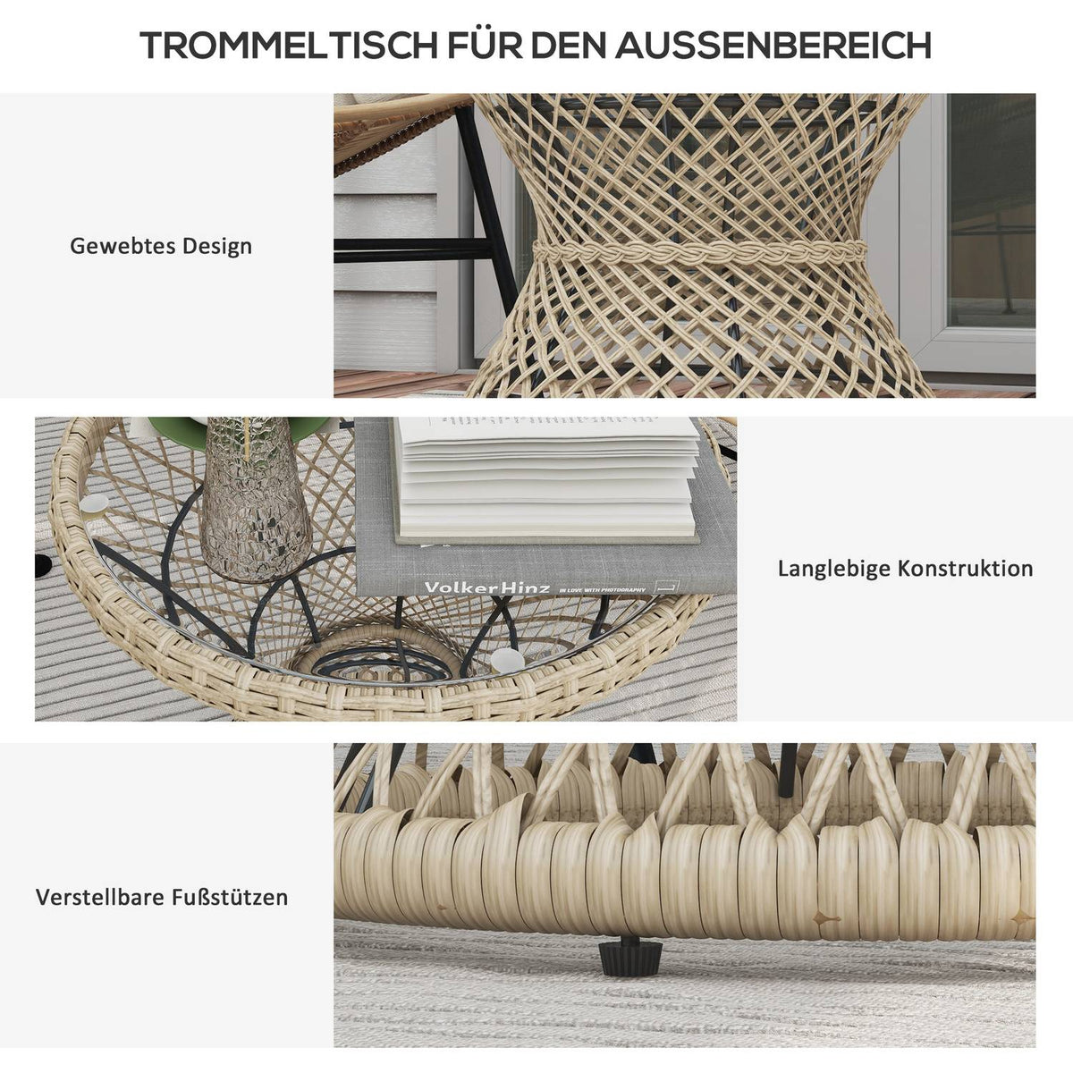Side Table Rattan Garden Table, 45 X 45 Cm Coffee Table With Uv Protection, Balcony Table With Table Top Made Of Safety Glass, In Boho Design, Brown