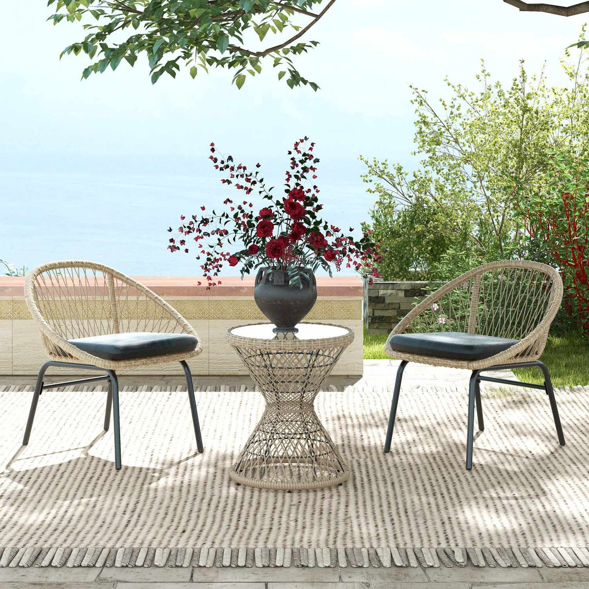 Side Table Rattan Garden Table, 45 X 45 Cm Coffee Table With Uv Protection, Balcony Table With Table Top Made Of Safety Glass, In Boho Design, Brown