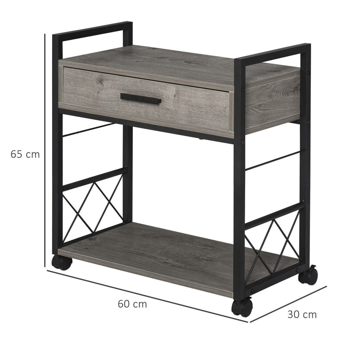 Side Table Serving Trolley With Wheels, Kitchen Trolley, Coffee Table, Drawer, Shelf, Gray, 60X30X65Cm