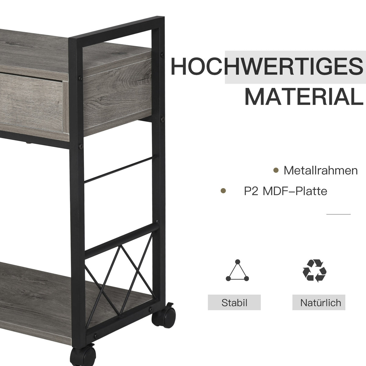Side Table Serving Trolley With Wheels, Kitchen Trolley, Coffee Table, Drawer, Shelf, Gray, 60X30X65Cm
