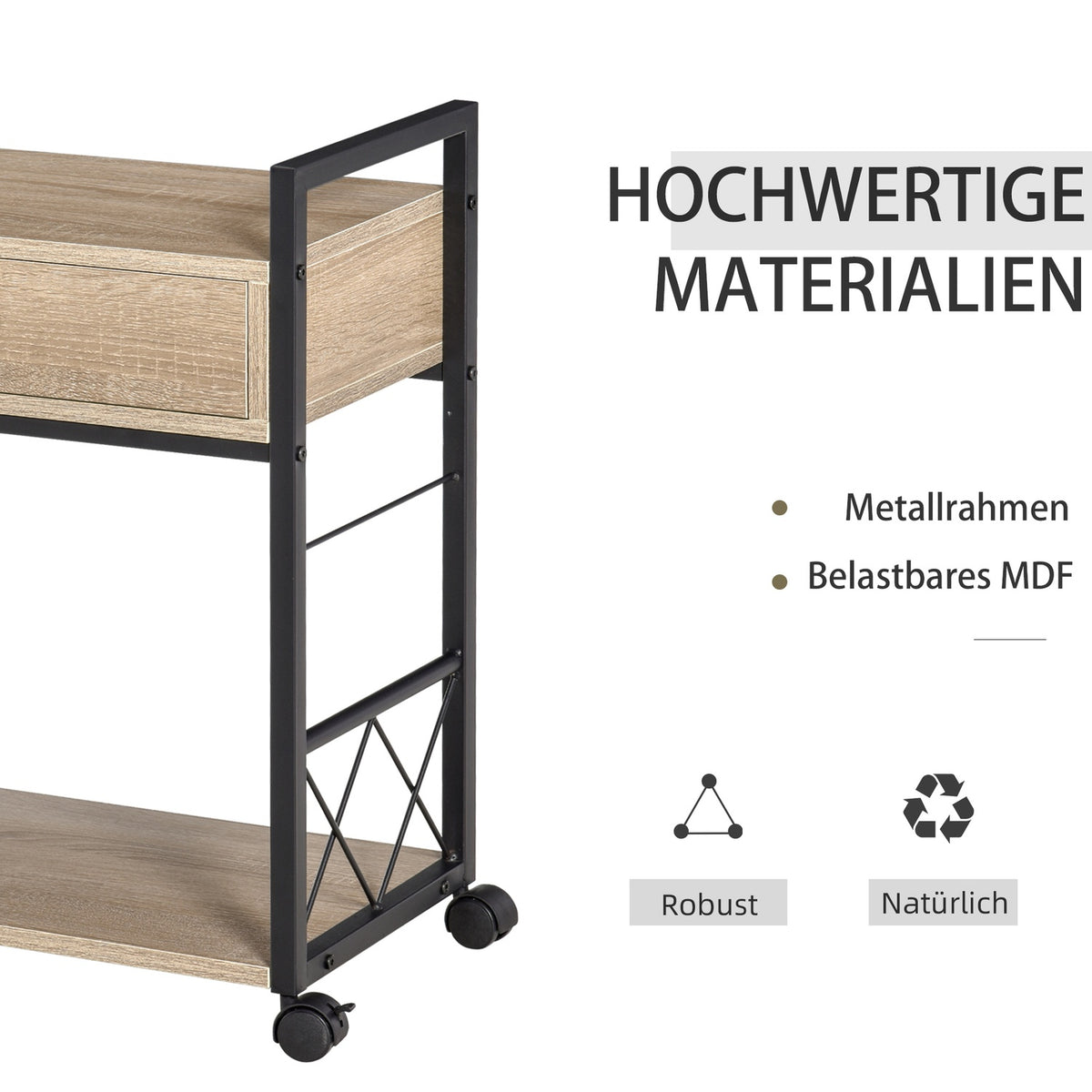 Side Table Serving Trolley With Wheels, Kitchen Trolley, Coffee Table, Drawer, Shelf, Natural, 60X30X65Cm
