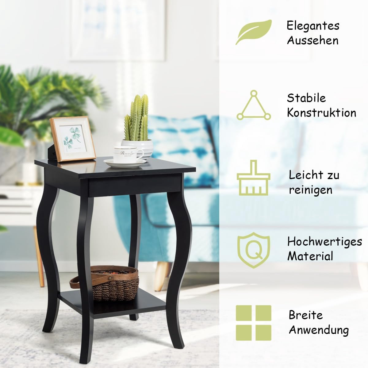 Side Table Set of 2, 2-Tier Shelf, 40x40x60 cm, Black