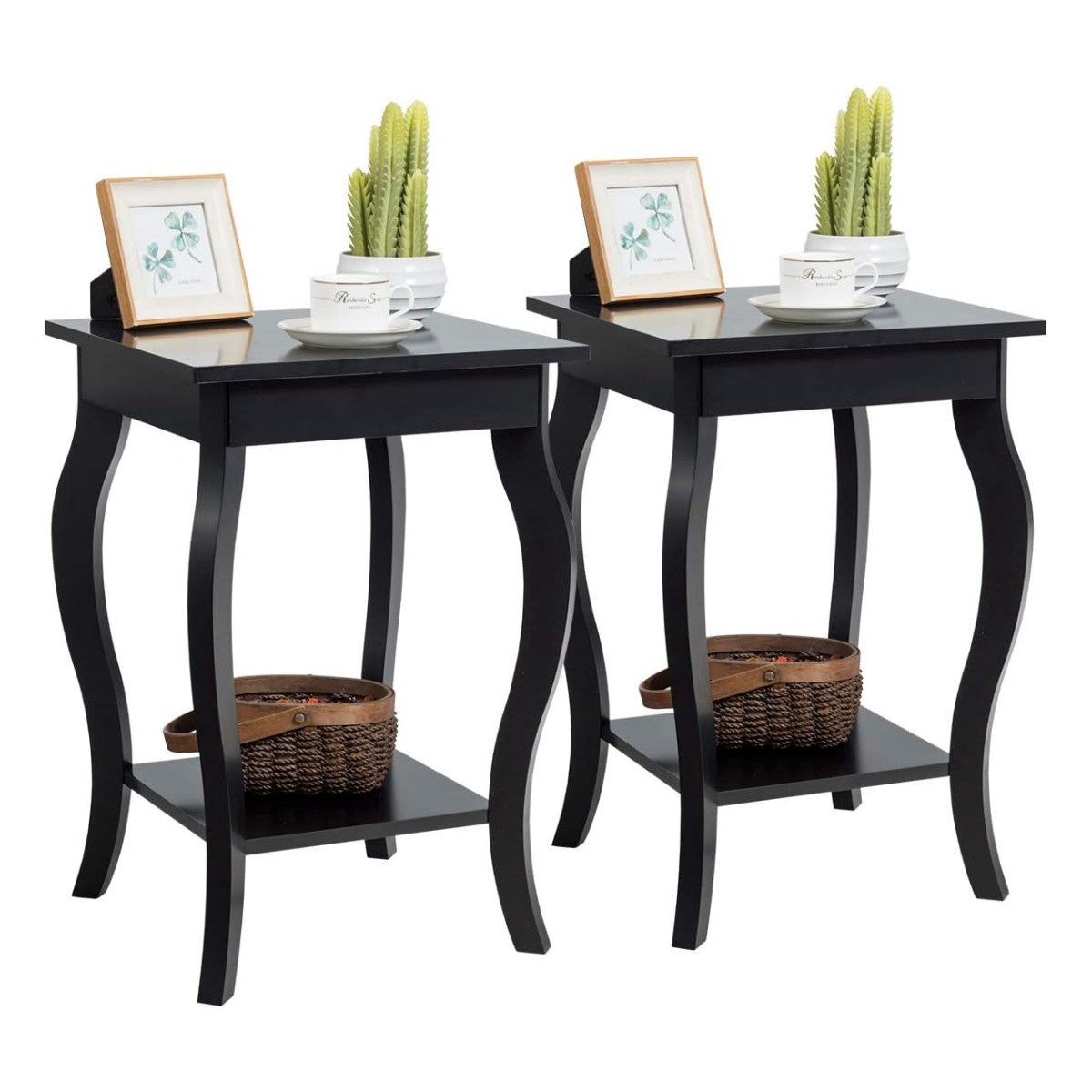 Side Table Set of 2, 2-Tier Shelf, 40x40x60 cm, Black