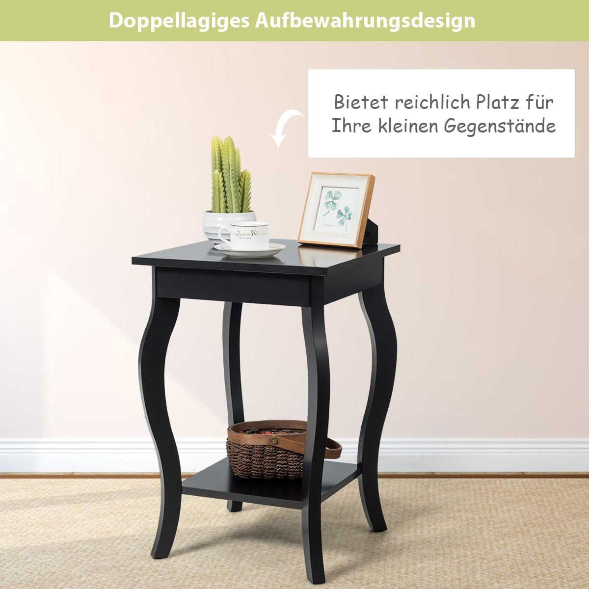 Side Table Set of 2, 2-Tier Shelf, 40x40x60 cm, Black