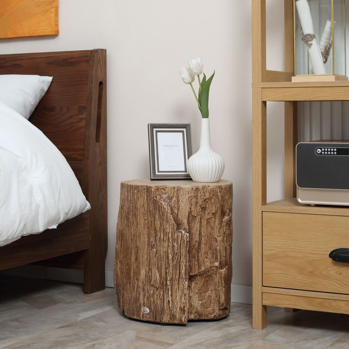 Side Table Tree Stump Look Bedside Table With Four Adjustable Feet Coffee Table Stool Waterproof Inorganic Ore Powder 37X37X43 Cm