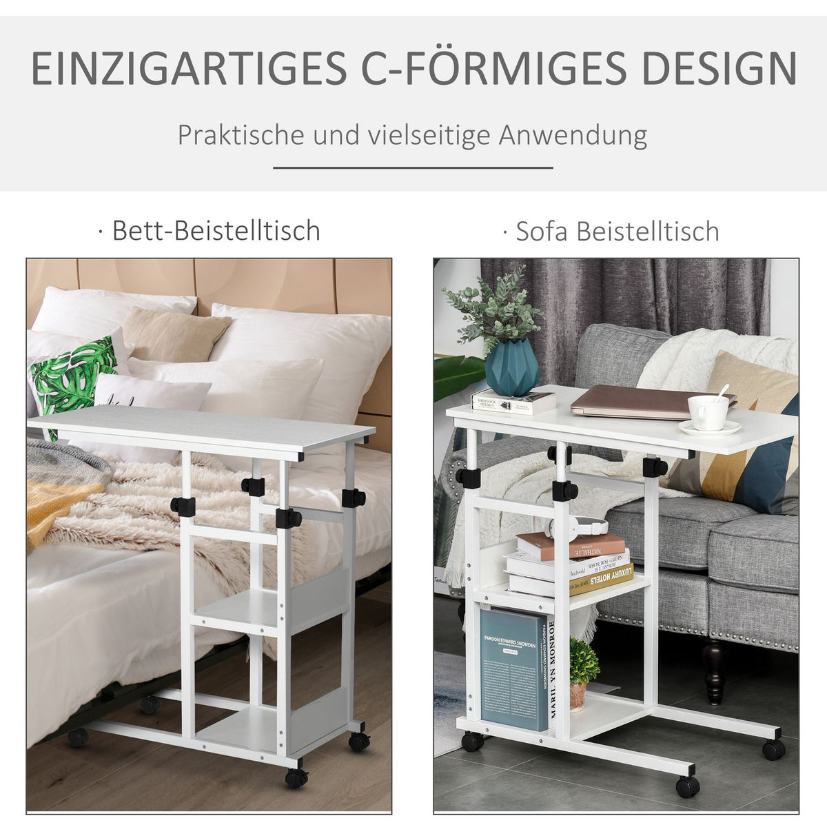 Side Table With Wheels, Height-Adjustable Coffee Table, 2 Shelves, E1 Chipboard, White, 80X40X72-82 Cm