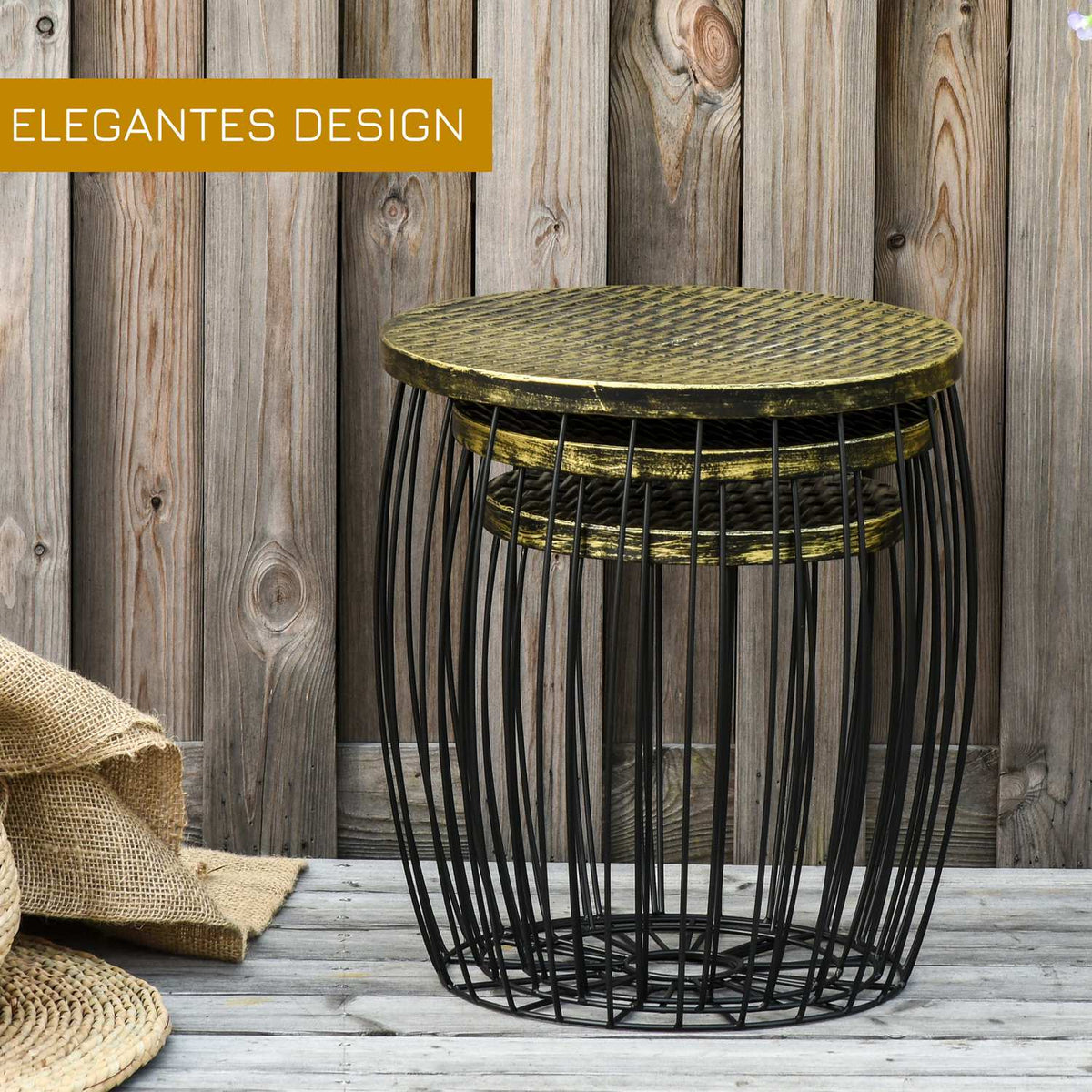 Side Tables Set Of 3 Retro Style Metal Basket Natural + Black 3 Sizes