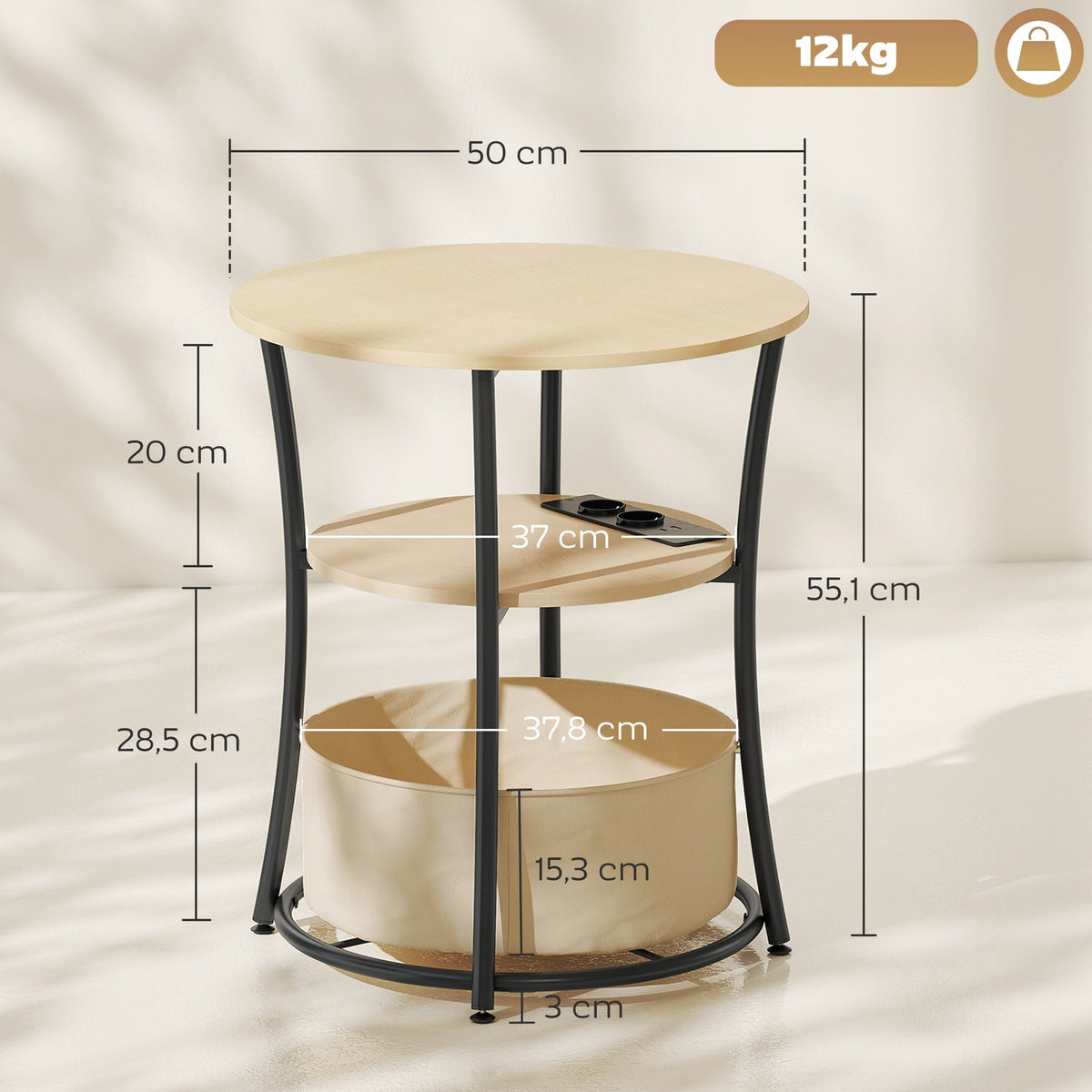 Side Table with Charging Station, 3-Tier Storage, Natural Wood