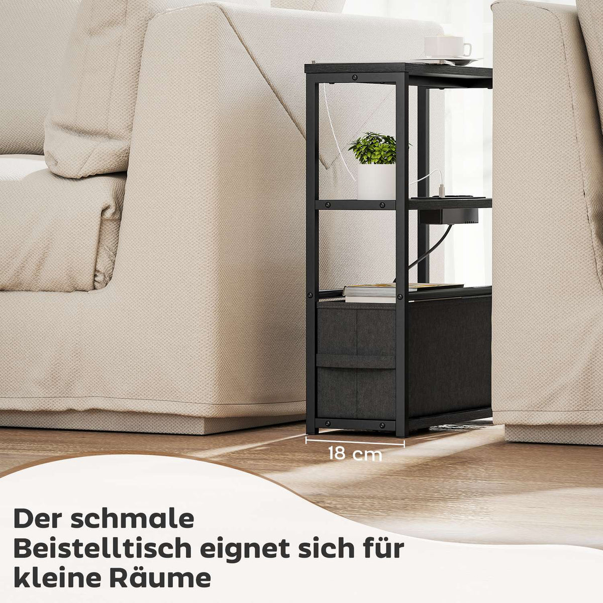 Side Table with Charging Station, Black, 45x18x60cm