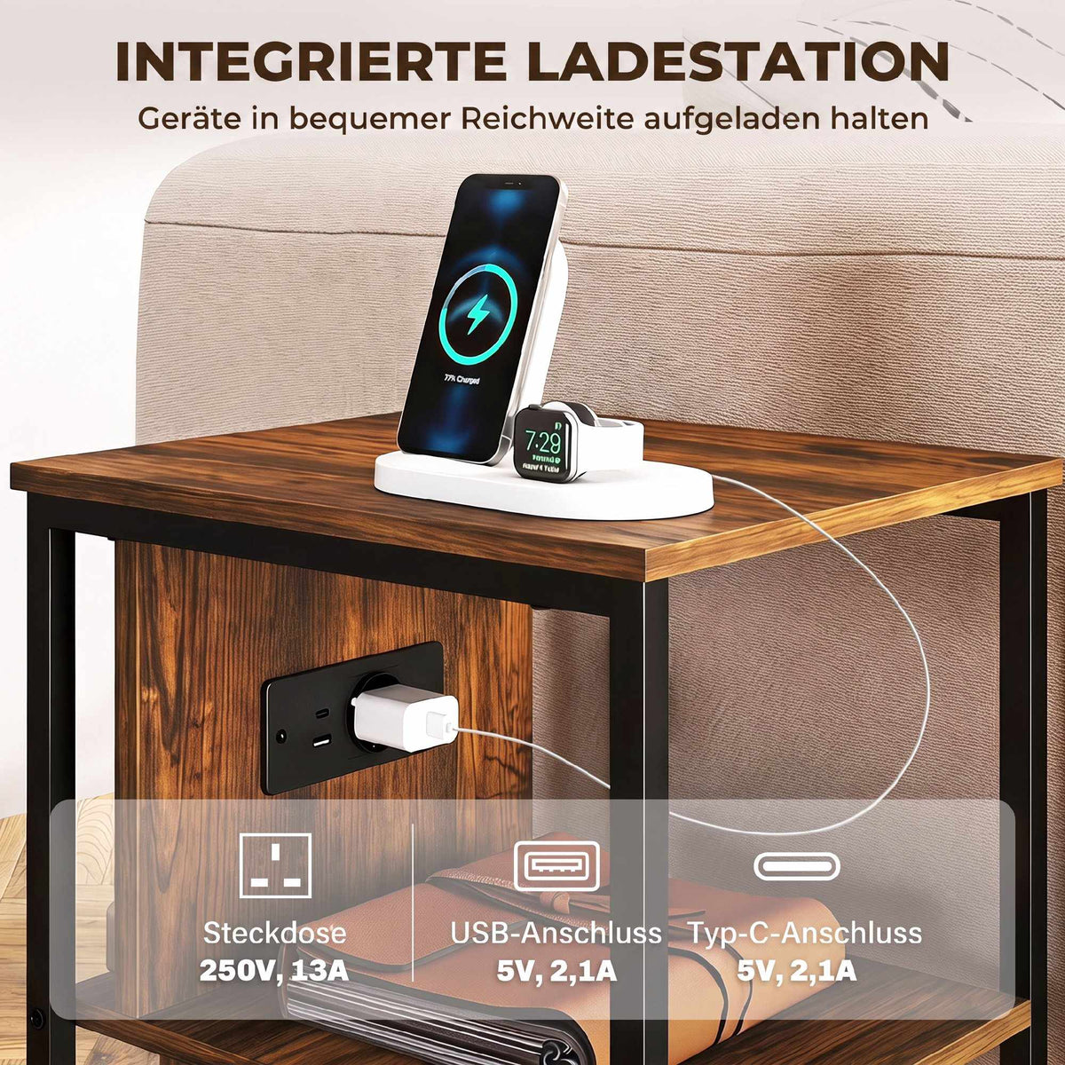 Side Table with Charging Station, Rustic Brown Finish