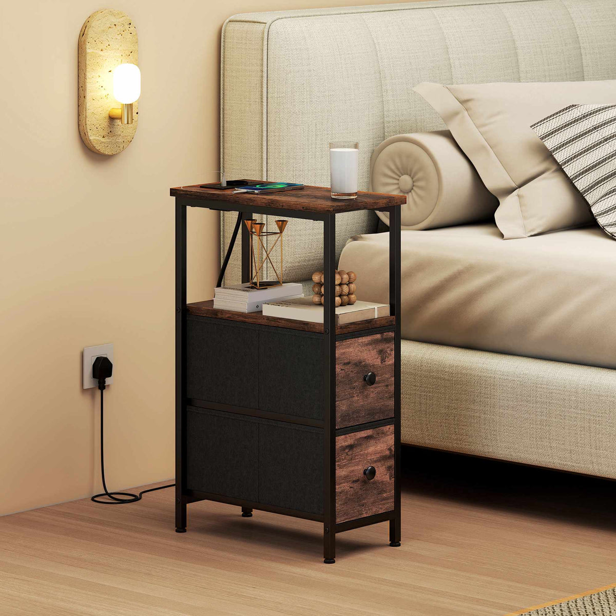 Side Table with Charging Station, Steel Frame, 2 Fabric Drawers