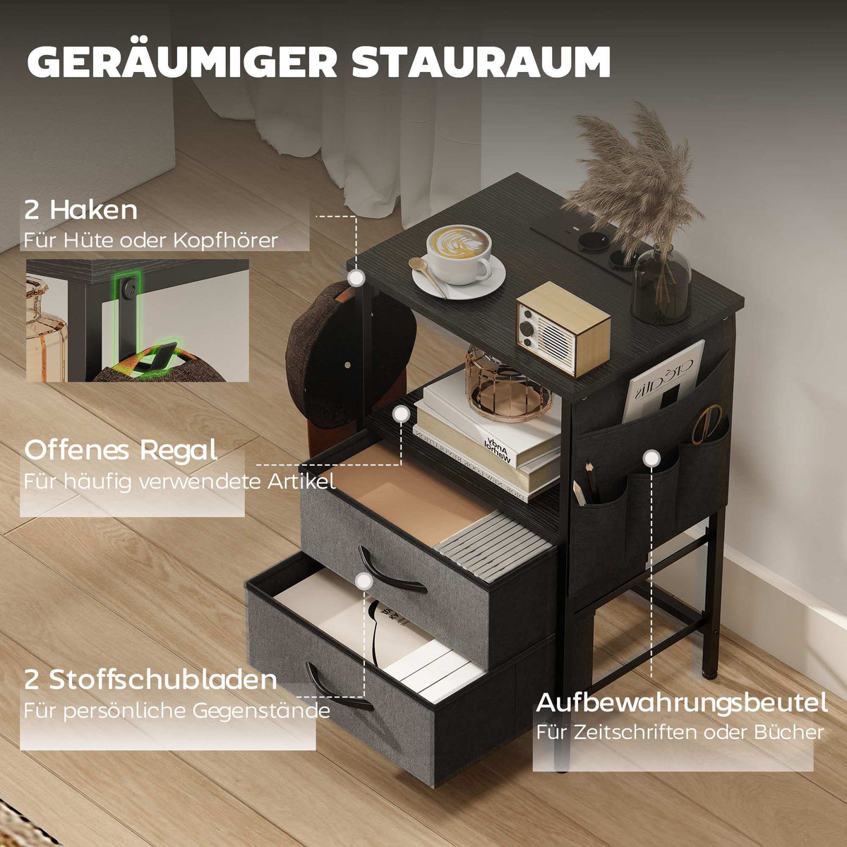 Side Table with Charging Station, Steel Frame, Black, 40x30x60 cm