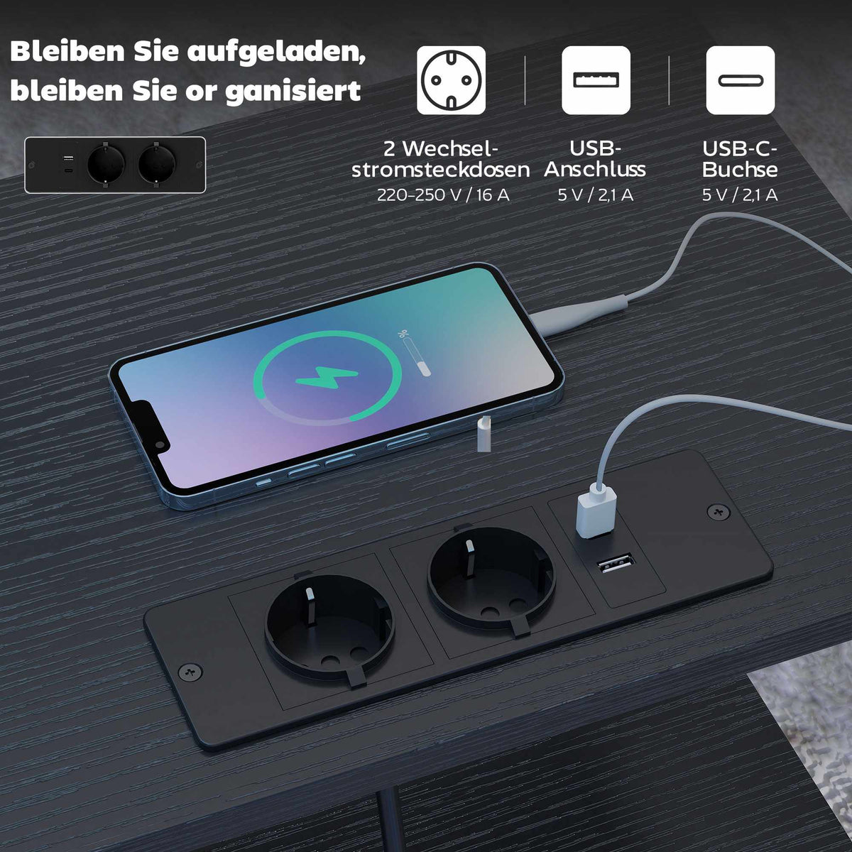 Side Table with Charging Station, Steel Frame, Black, 40x30x60 cm