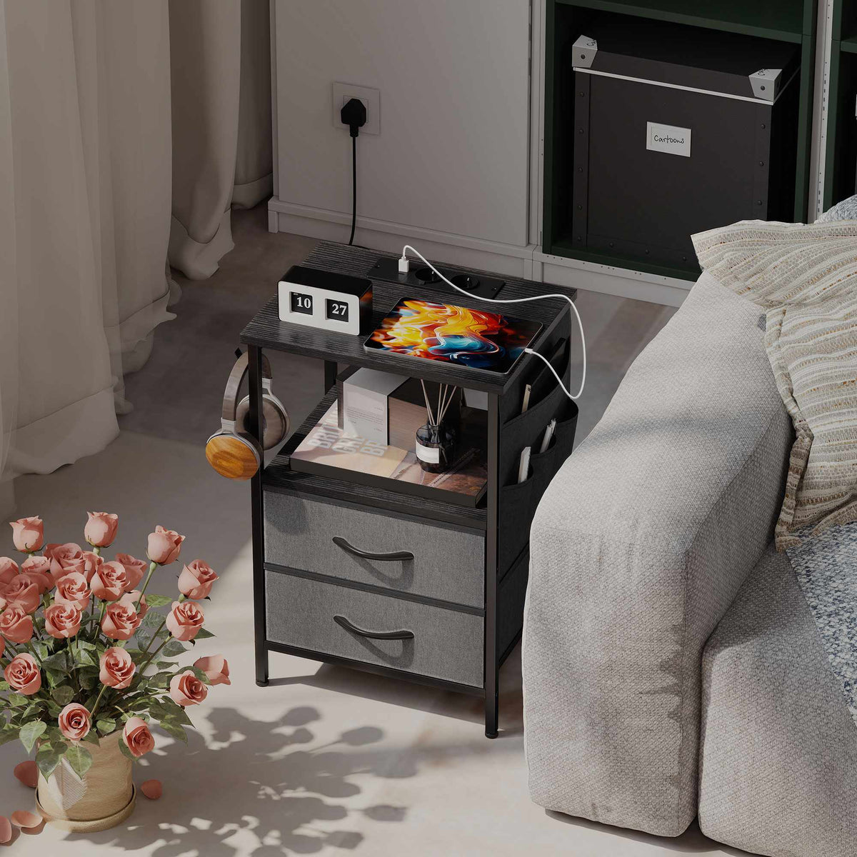 Side Table with Charging Station, Steel Frame, Black, 40x30x60 cm