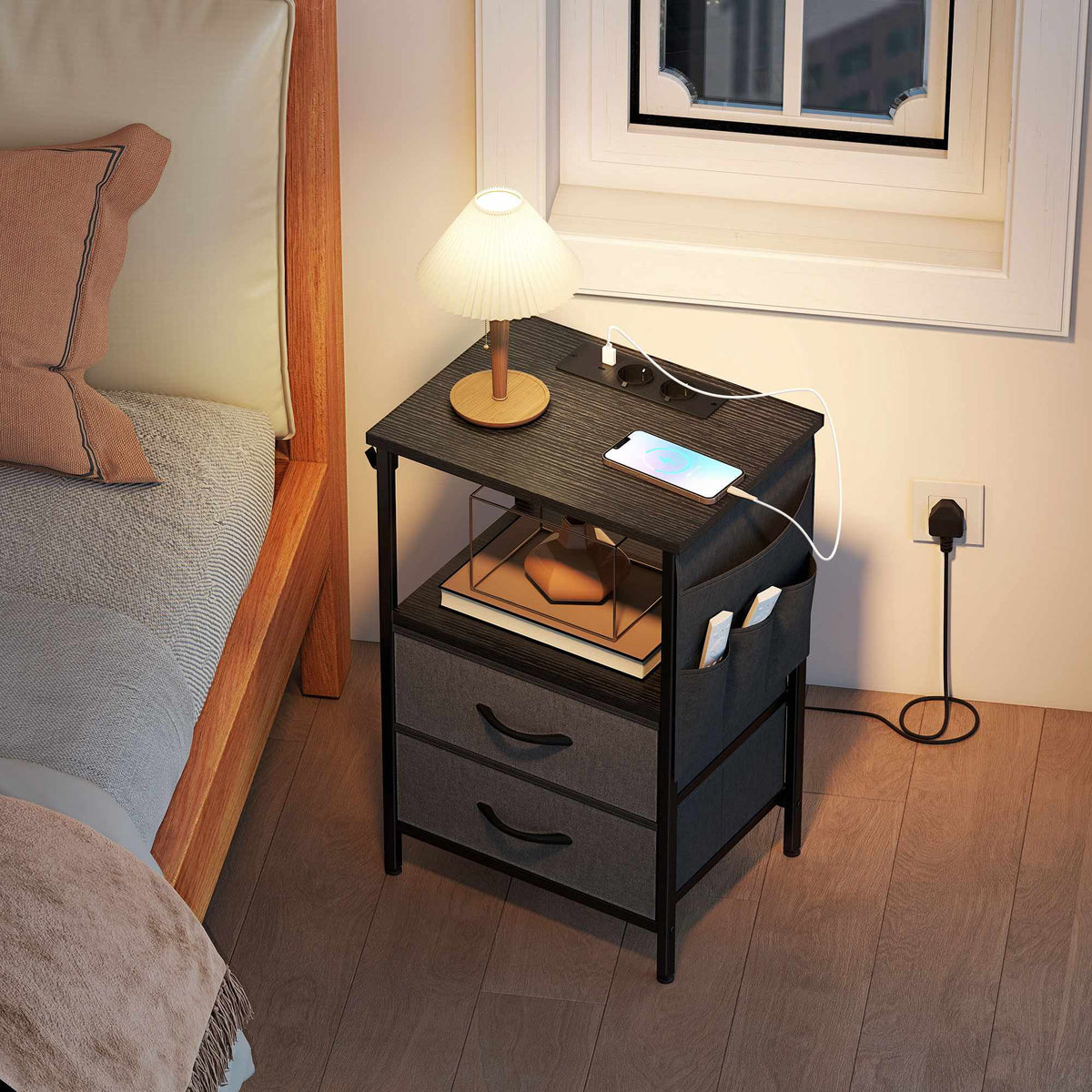 Side Table with Charging Station, Steel Frame, Black, 40x30x60 cm