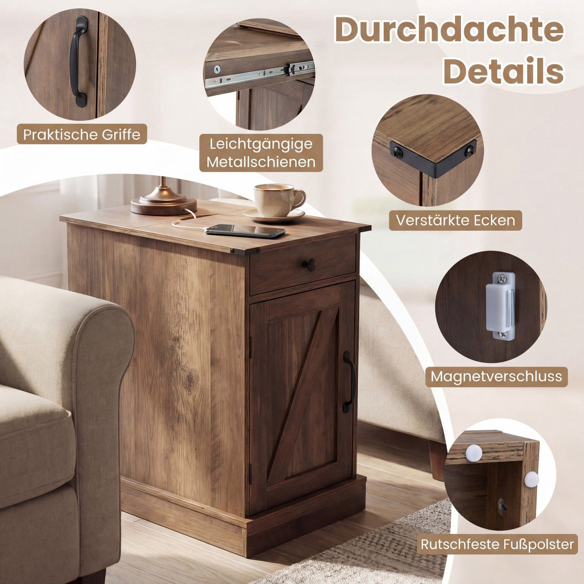 Side Table with Charging Station and Adjustable Shelf
