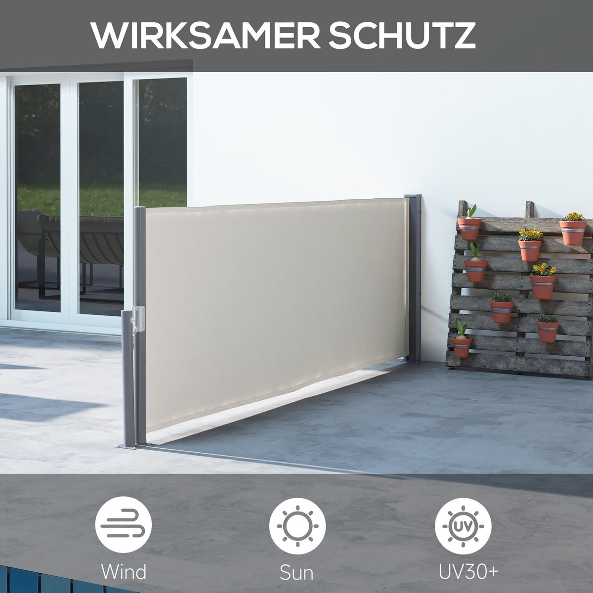 Side awning extendable 300x100cm garden awning privacy wall with UV protection wind protection made of polyester in light gray