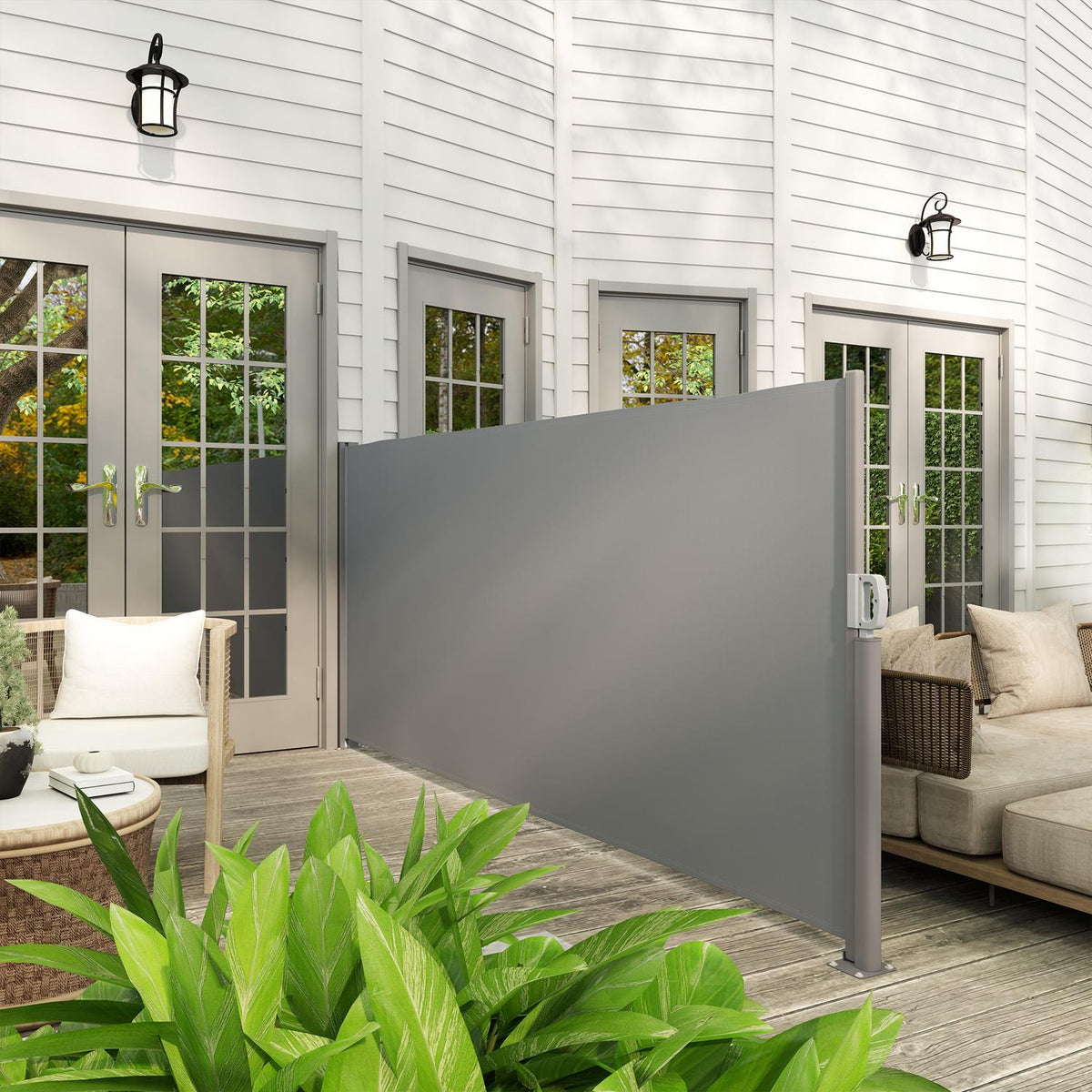 Side awning, extendable, opaque, privacy screen with wall bracket, coating, side wall awning, wall awning, wind protection, 300 x 140 cm, awning for balcony, terrace, garden, dark gray