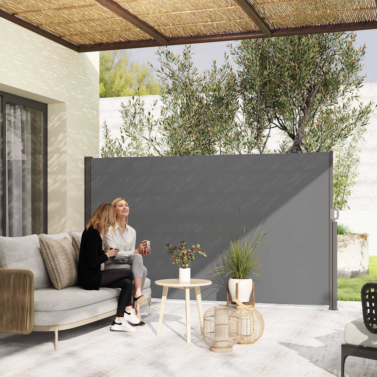Side awning, extendable, opaque, privacy screen with wall bracket, coating, side wall awning, wall awning, wind protection, 300 x 180 cm, awning for balcony, terrace, garden, dark gray