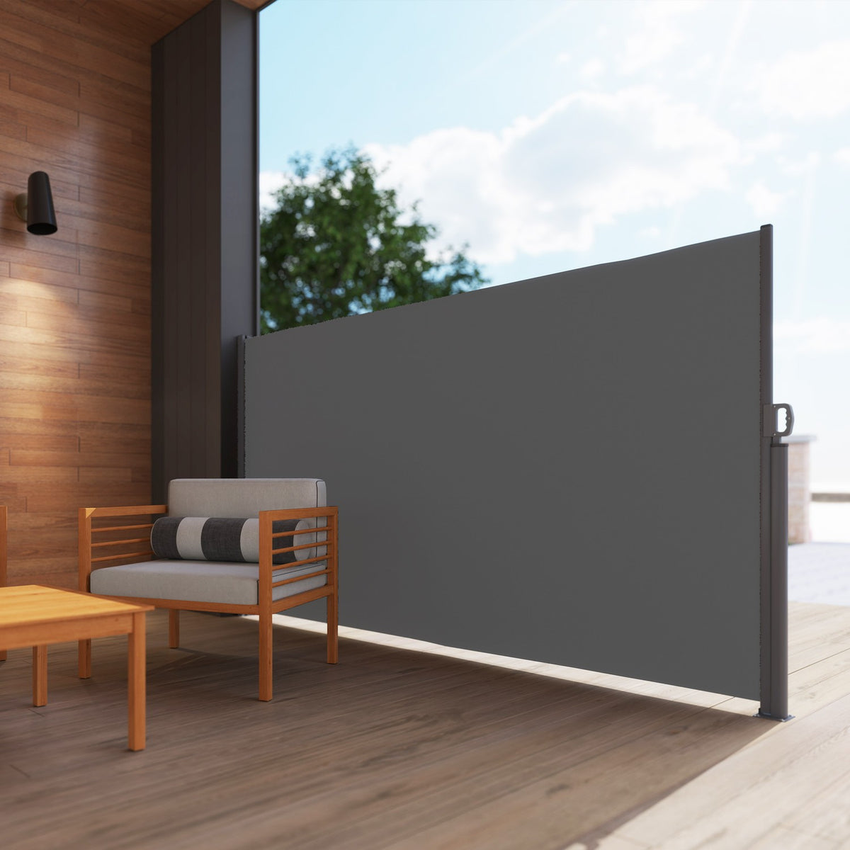 Side awning, extendable, opaque, privacy screen with wall bracket, coating, side wall awning, wall awning, wind protection, 300 x 180 cm, awning for balcony, terrace, garden, dark gray