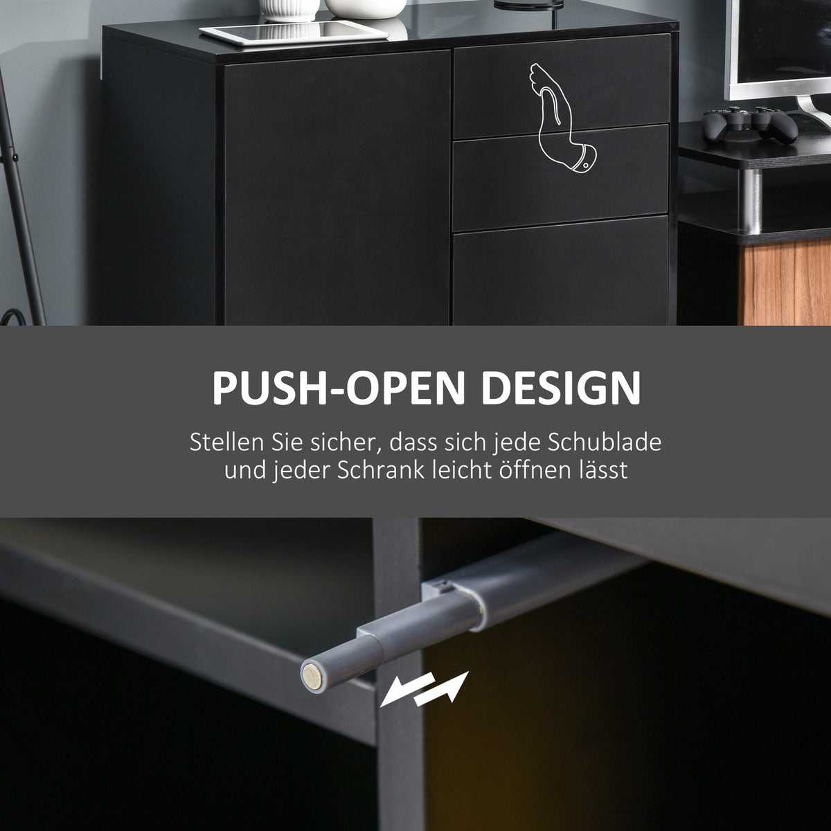 Sideboard Black Storage Cabinet With 2 Drawers & 2 Doors, Tilt Protection, For Living Room/Bedroom, 117X36X74Cm