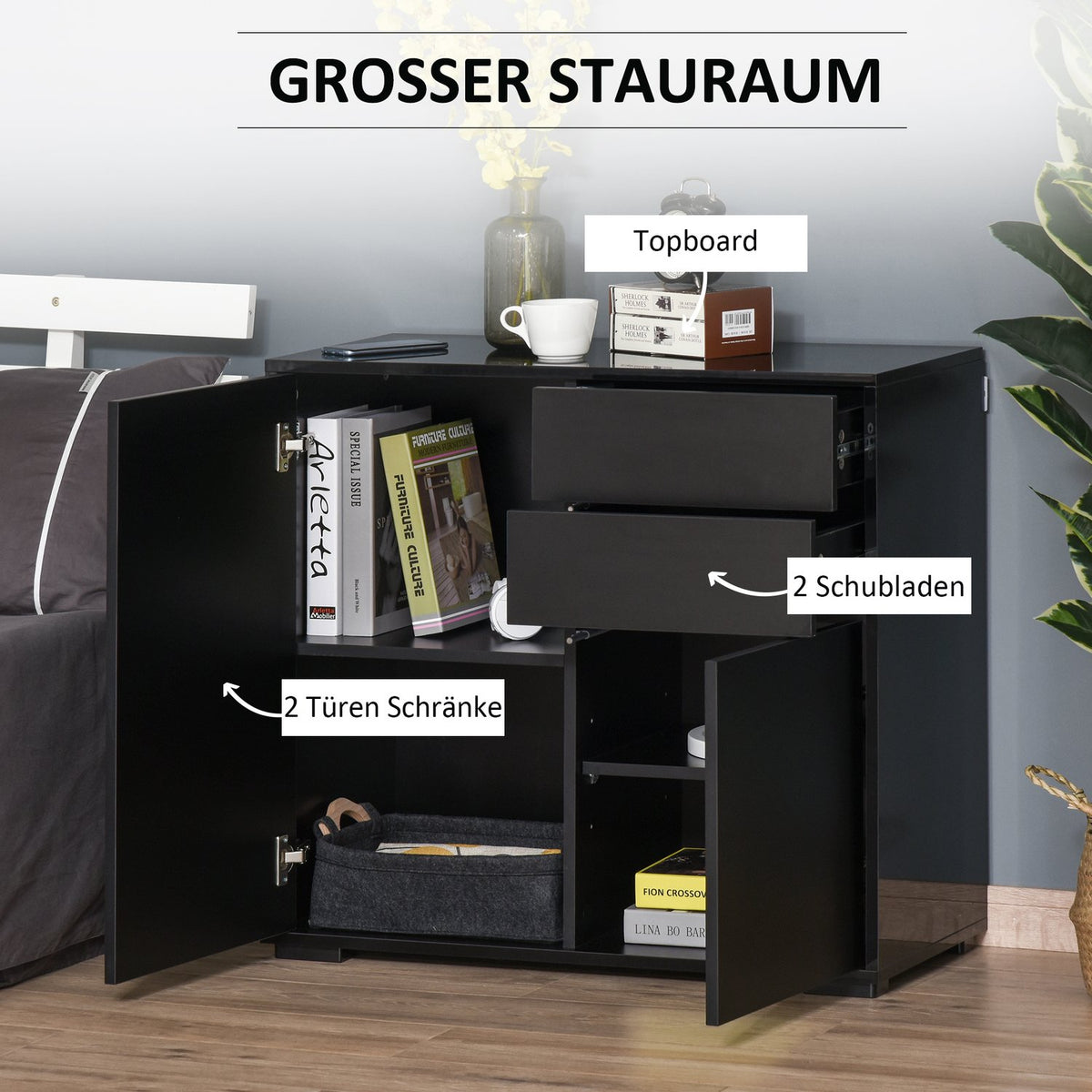Sideboard Black Storage Cabinet With 2 Drawers & 2 Doors, Tilt Protection, For Living Room/Bedroom, 117X36X74Cm
