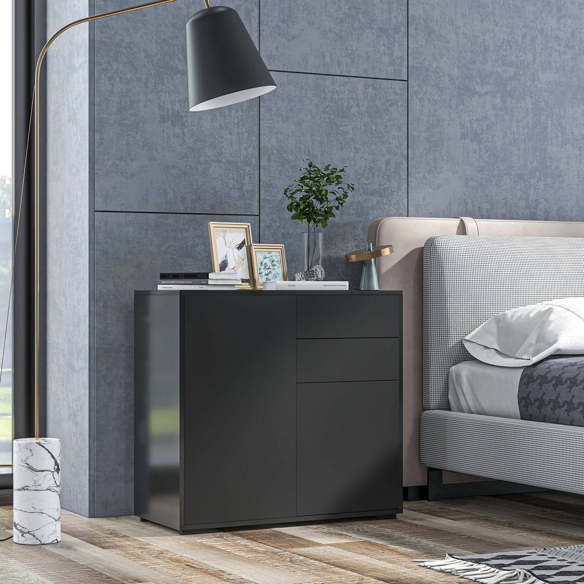 Sideboard Black Storage Cabinet With 2 Drawers & 2 Doors, Tilt Protection, For Living Room/Bedroom, 117X36X74Cm