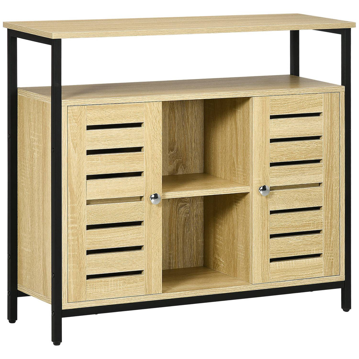 Sideboard Chest Of Drawers With 2 Doors & 3 Open Shelves, Kitchen Cabinet With Tip Protection, Steel Frame, Natural, 90X30X79.5Cm