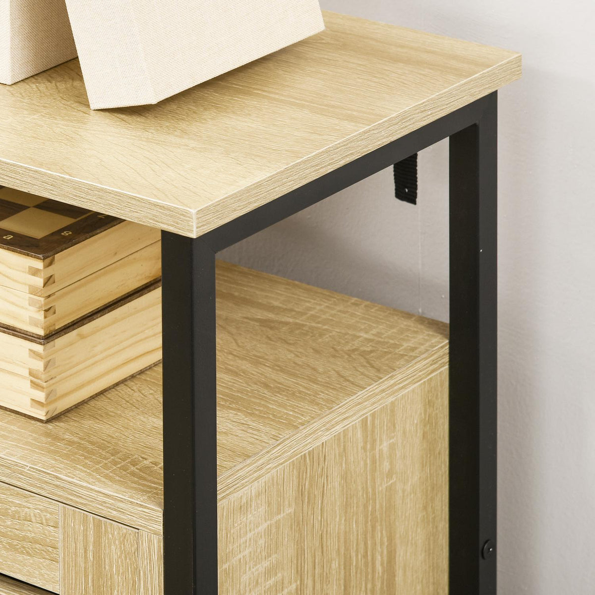 Sideboard Chest Of Drawers With 2 Doors & 3 Open Shelves, Kitchen Cabinet With Tip Protection, Steel Frame, Natural, 90X30X79.5Cm