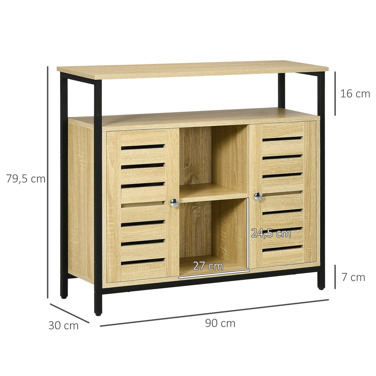 Sideboard Chest Of Drawers With 2 Doors & 3 Open Shelves, Kitchen Cabinet With Tip Protection, Steel Frame, Natural, 90X30X79.5Cm