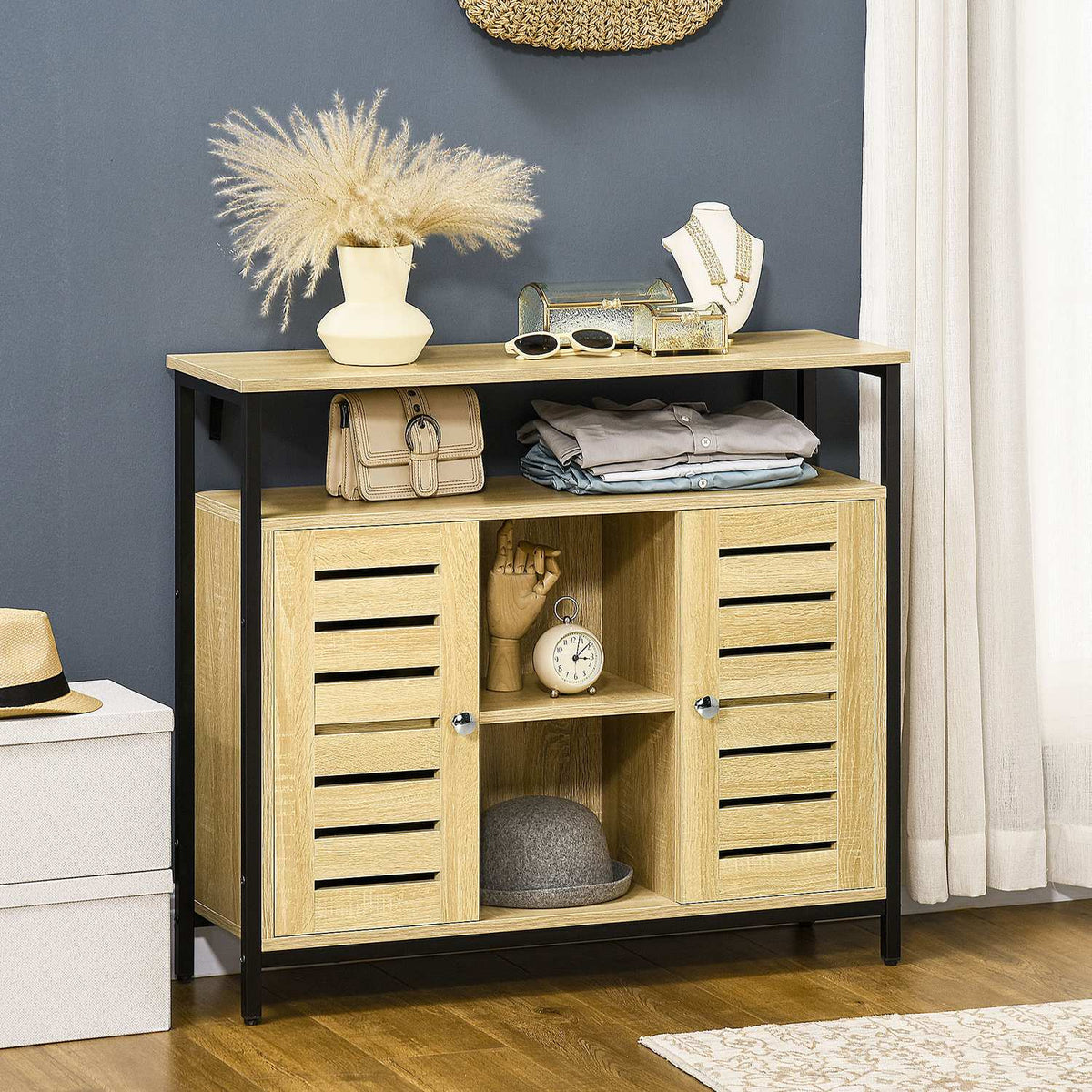 Sideboard Chest Of Drawers With 2 Doors & 3 Open Shelves, Kitchen Cabinet With Tip Protection, Steel Frame, Natural, 90X30X79.5Cm
