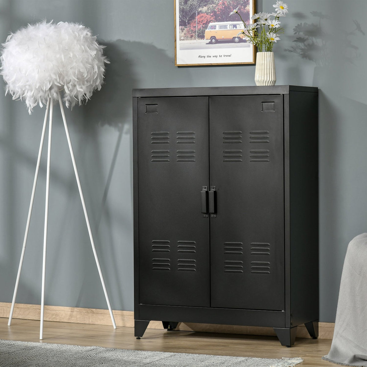 Sideboard Filing Cabinet With Slatted Doors, Storage Cabinet With Shelves, Black, 75 X 33 X 110 Cm