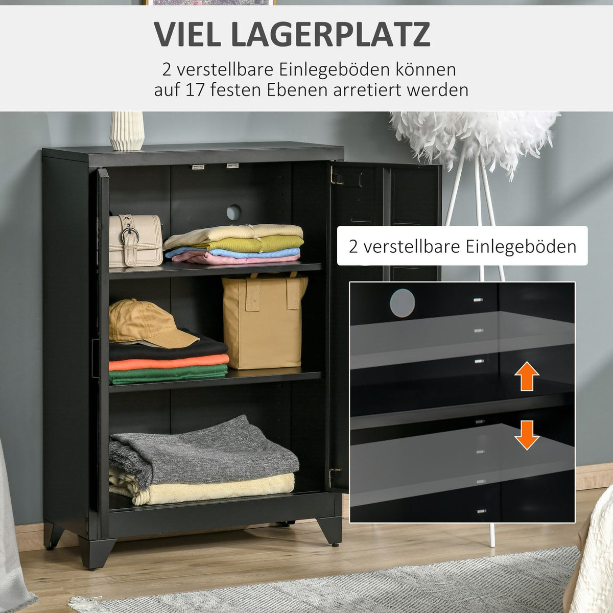 Sideboard Filing Cabinet With Slatted Doors, Storage Cabinet With Shelves, Black, 75 X 33 X 110 Cm