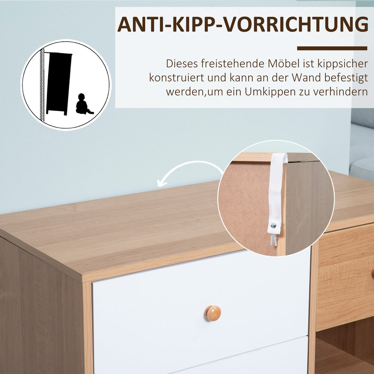 Sideboard For Kitchen Cabinet, Chest Of Drawers With 2 Open Compartments & 4 Drawers, Scandi Design, Natural + White, 80X39X80Cm
