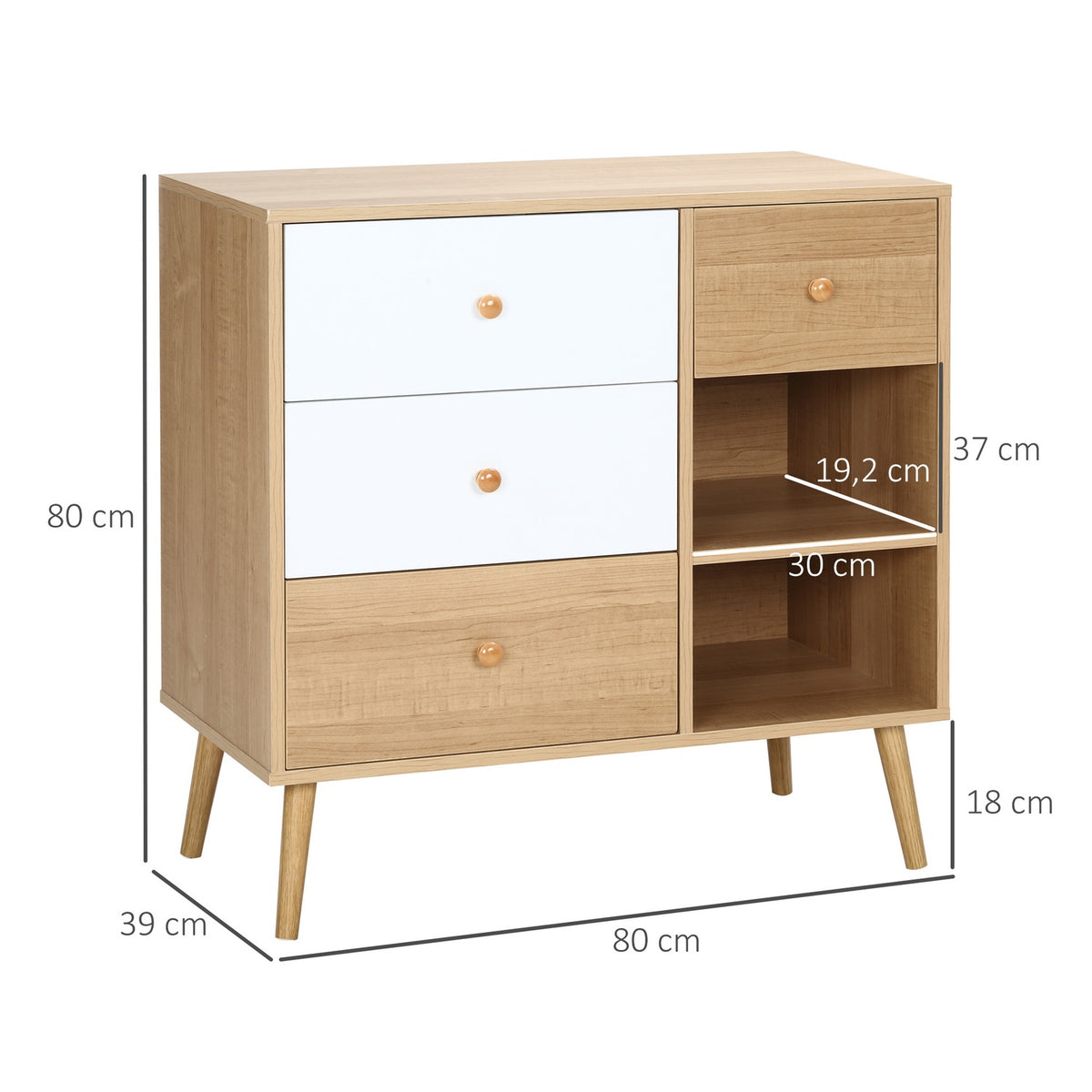 Sideboard For Kitchen Cabinet, Chest Of Drawers With 2 Open Compartments & 4 Drawers, Scandi Design, Natural + White, 80X39X80Cm