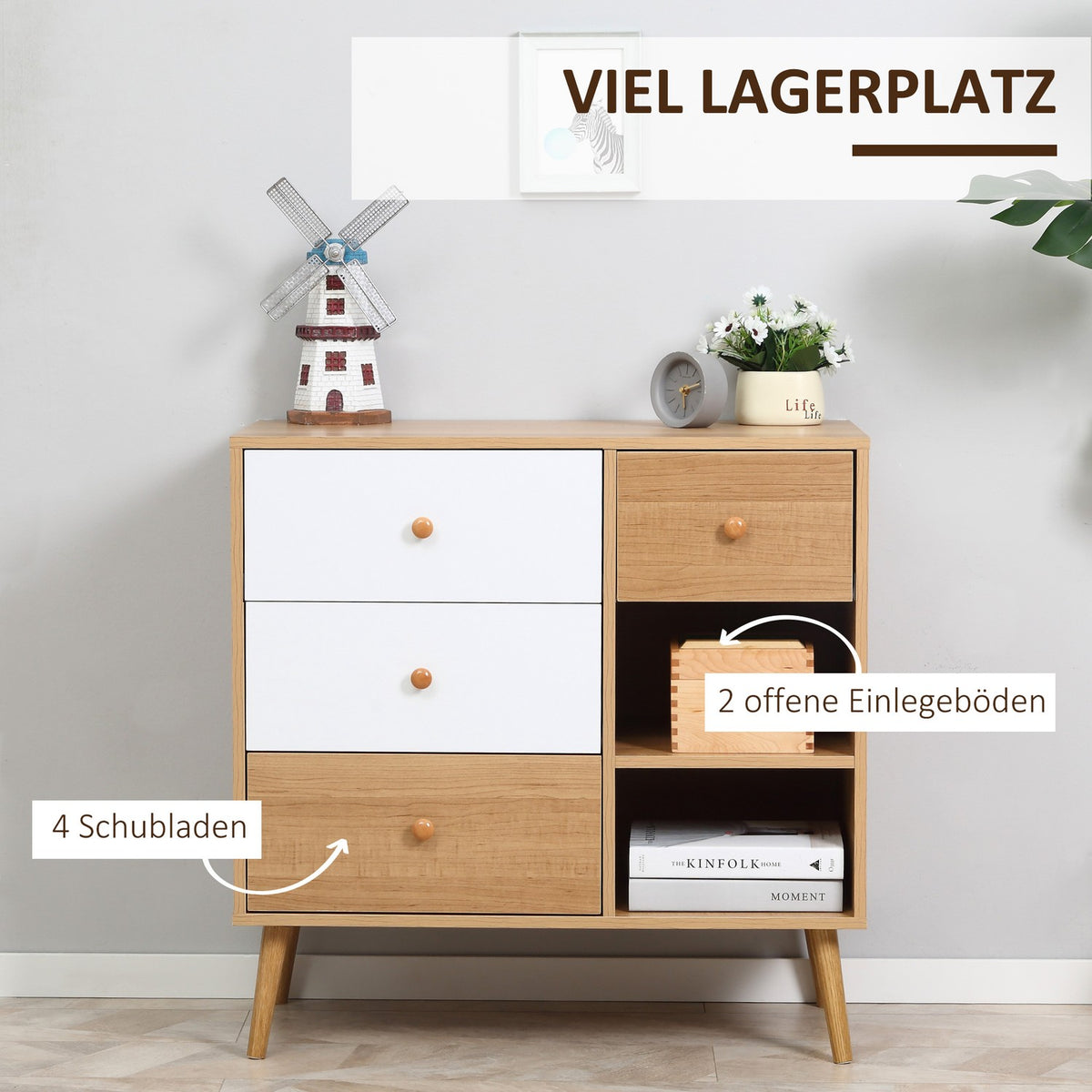 Sideboard For Kitchen Cabinet, Chest Of Drawers With 2 Open Compartments & 4 Drawers, Scandi Design, Natural + White, 80X39X80Cm