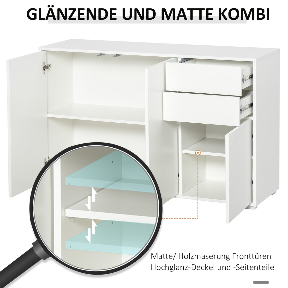 Sideboard White Chest Of Drawers With 2 Drawers & 3 Doors, Multi-Purpose Cabinet, Filing Cabinet, 117X36X74Cm