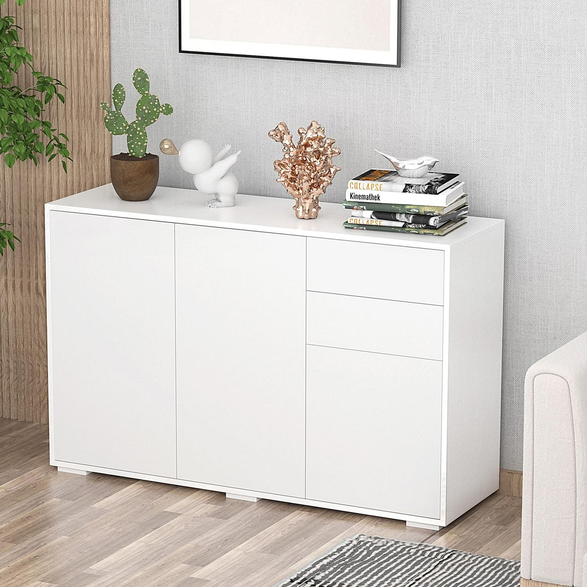 Sideboard White Chest Of Drawers With 2 Drawers & 3 Doors, Multi-Purpose Cabinet, Filing Cabinet, 117X36X74Cm