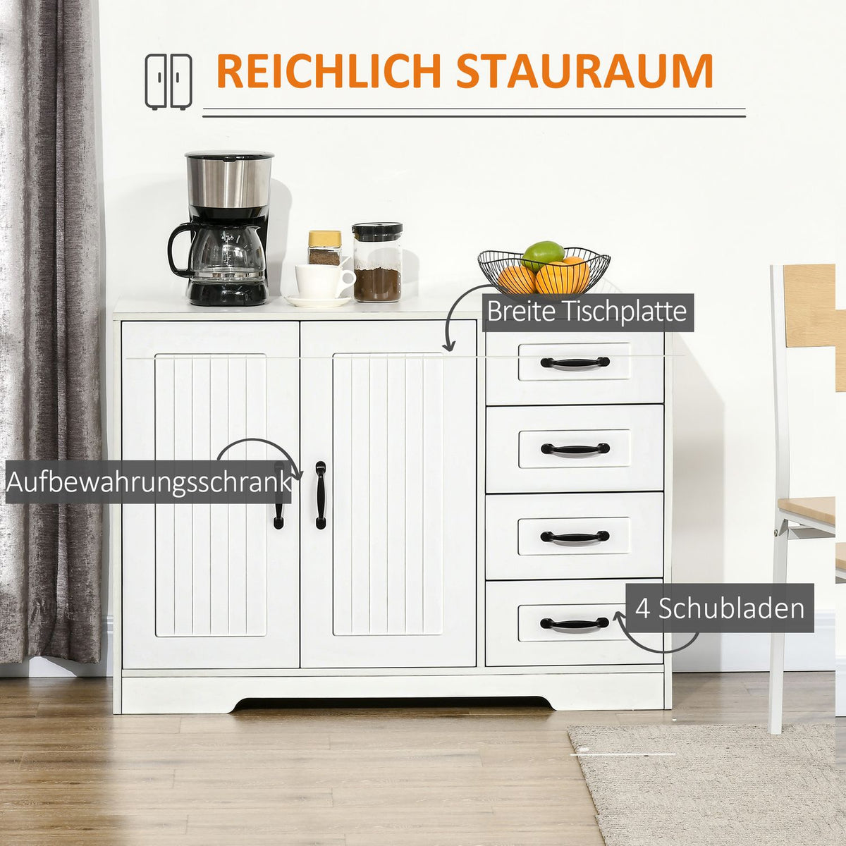 Sideboard White Side Cabinet With 4 Drawers, Adjustable Shelf And Tilt Protection, For Kitchen And Living Room