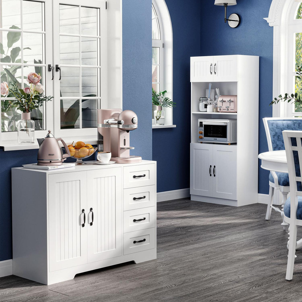 Sideboard White Side Cabinet With 4 Drawers, Adjustable Shelf And Tilt Protection, For Kitchen And Living Room