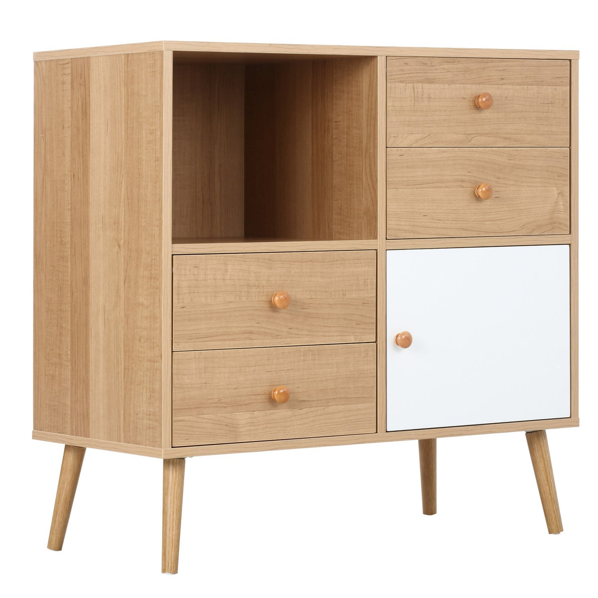 Sideboard With Open Compartments Kitchen Cabinet, Chest Of Drawers, 4 Drawers & Door, Scandi Design, Chipboard, Natural White, 80X39X80Cm