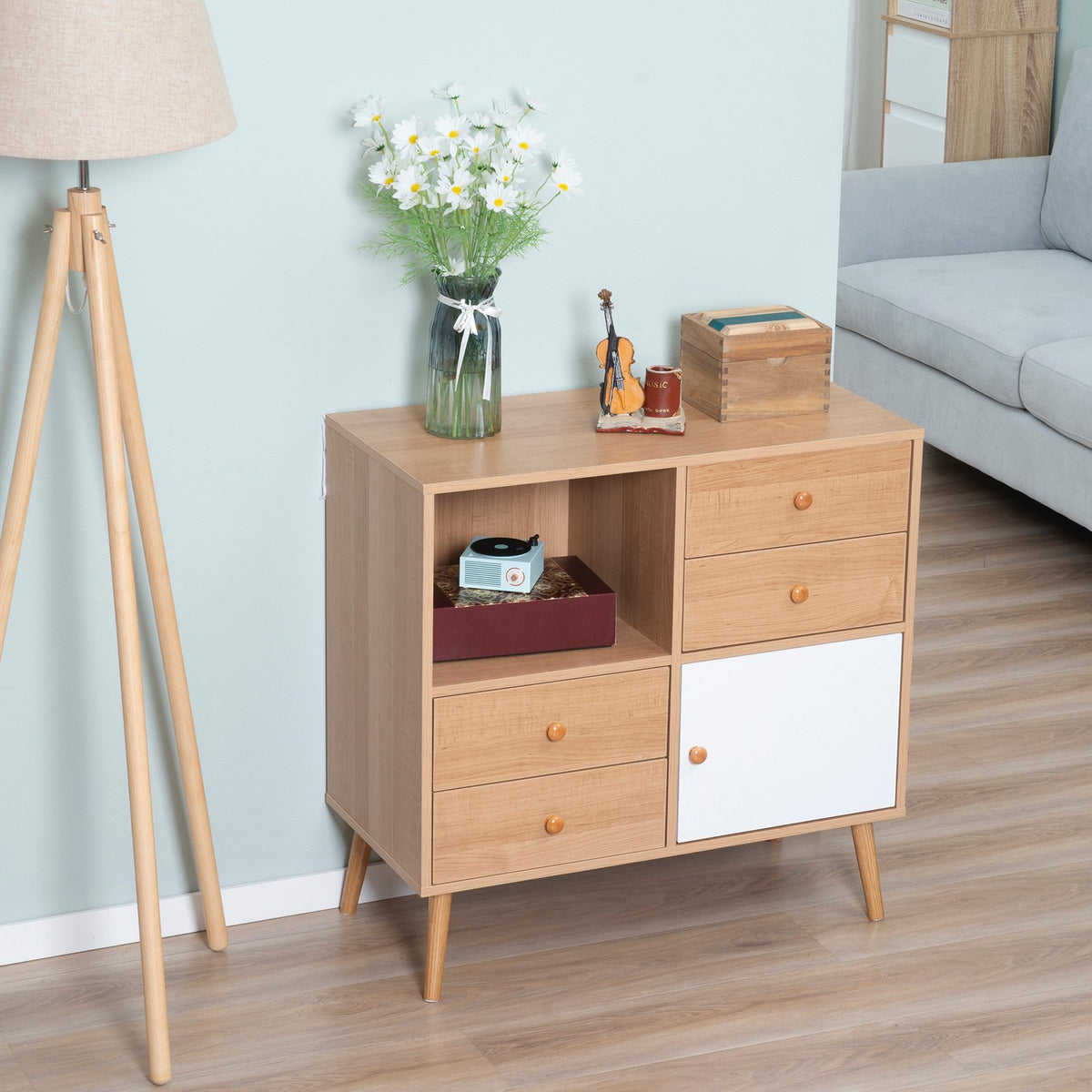 Sideboard With Open Compartments Kitchen Cabinet, Chest Of Drawers, 4 Drawers & Door, Scandi Design, Chipboard, Natural White, 80X39X80Cm
